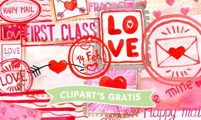 cliparts, San Valentin, cartas, sellos, corazones, texto