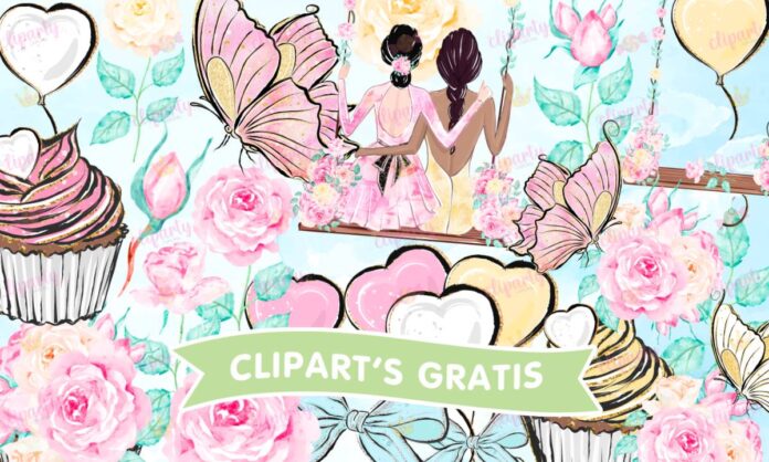 Cliparts, Amistad, hermanas, flores, globos, cupcakes