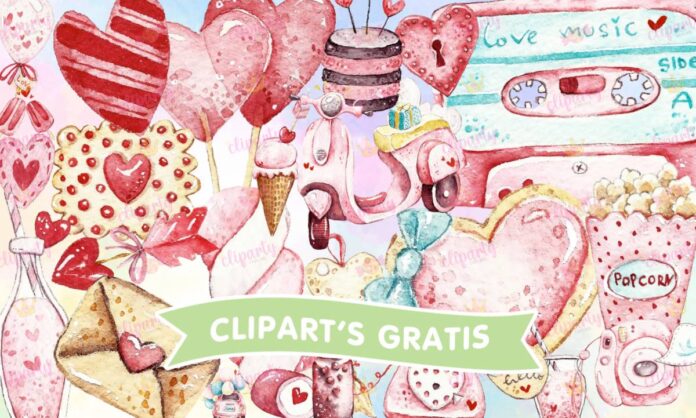 Cliparts, San Valentin, corazones, postres, bebidas, papeles