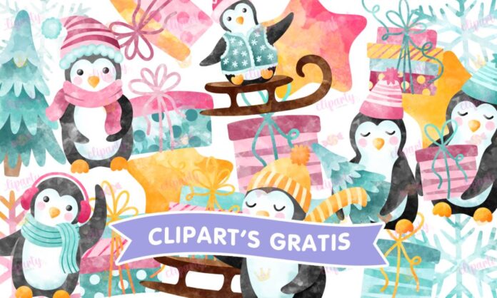 Cliparts, Navidad, regalos, pinguinos, copos de nieve