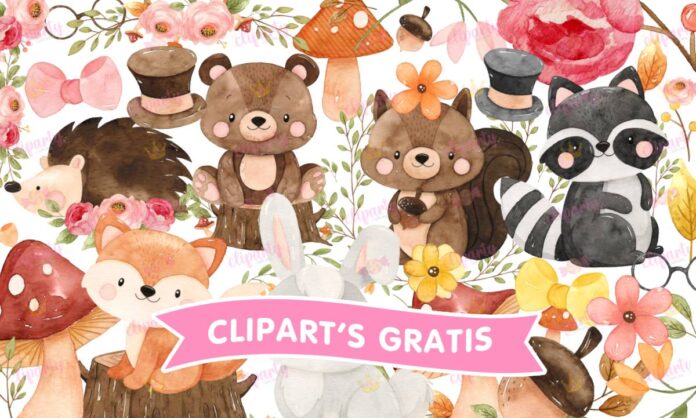 Cliparts, Animales, bosque, ardillita, zorritos, floral, papeles