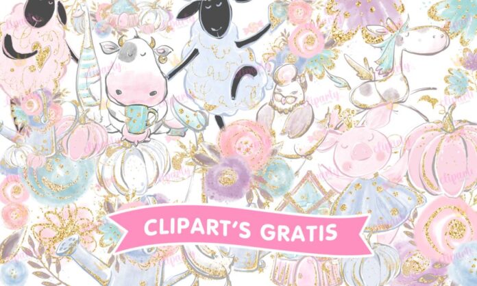 Cliparts, Animales Granja, vaquita, ovejas, floral, glitter