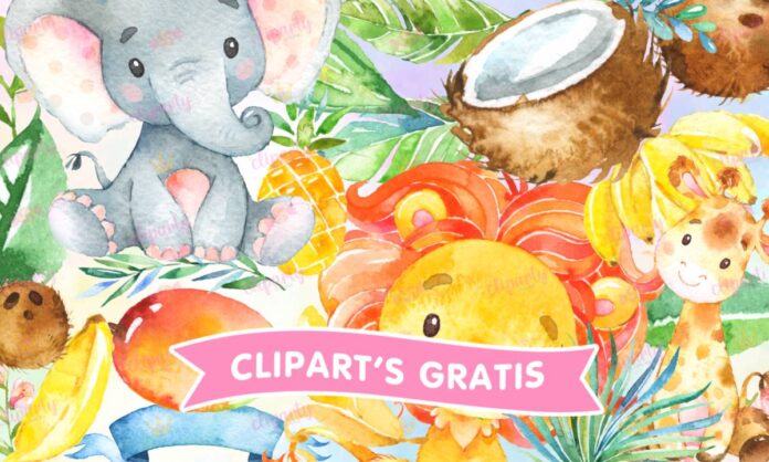 Cliparts, Animales, Safari, elefantito, jirafita, leoncito, floral