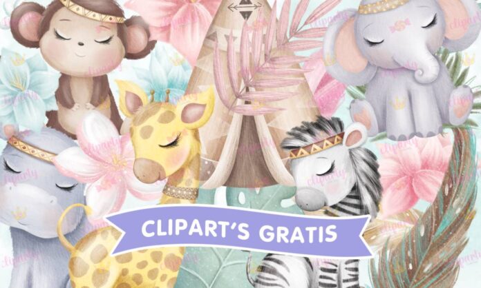 Cliparts, Animales, Safari, cebrita, elefantito, monito, floral