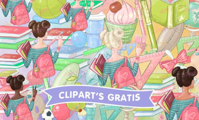 Cliparts, Escolares, ninas, materiales, libros, regreso a clases