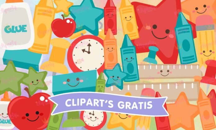 Cliparts, Escolar, materiales, crayolas, pegamento, estrellas