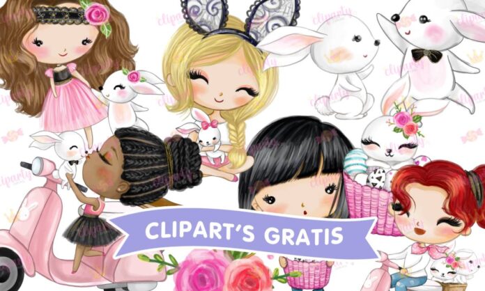 Cliparts, Infantil, ninas, conejitos, floral, objetos