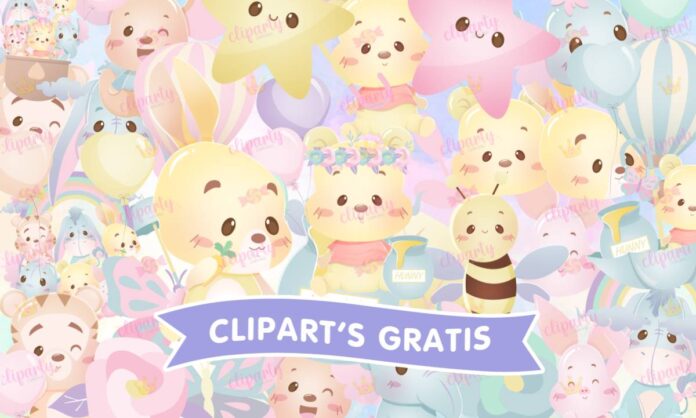 Cliparts, Bebés, winnie pooh, amigos, estrellas, globos