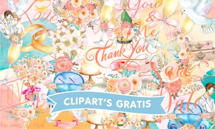 Cliparts, Boda, novios, pastel, copas, palomas, floral