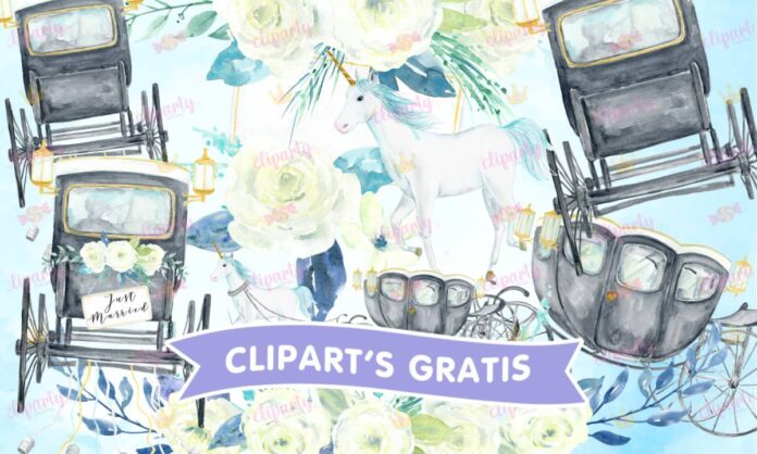 Cliparts, Boda, carruaje, unicornio, floral