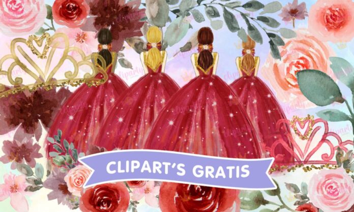 Cliparts, XV Anos, chicas, vestidos, glitter, floral