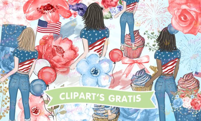 Cliparts, Celebracion, 4 de Julio, chicas, globos, cupcake, floral