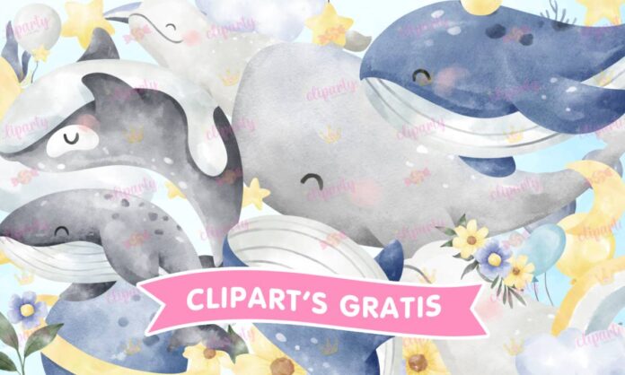 Cliparts, Animales, Oceano, ballenas, estrellas, floral