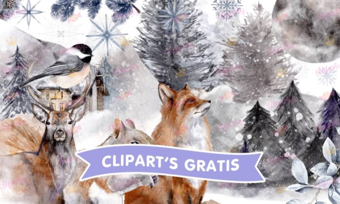 Cliparts, Animales, Polo Norte, copos de nieve, Alce, zorro