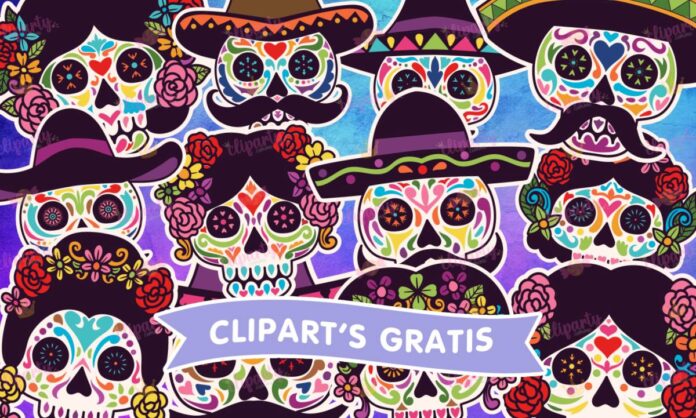 Cliparts Dia de Muertos, calaveras, coloridas, florales, tradicion