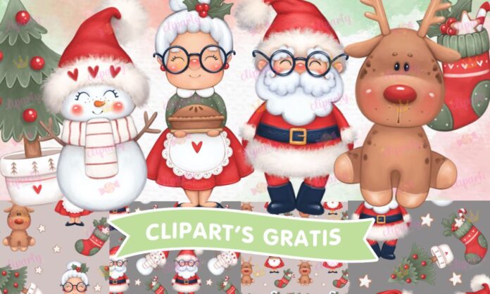 Cliparts, Navidad, papa noel, reno, pino, papeles