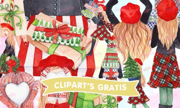 Cliparts, Navidad, chicas, compras, regalos, watercolor