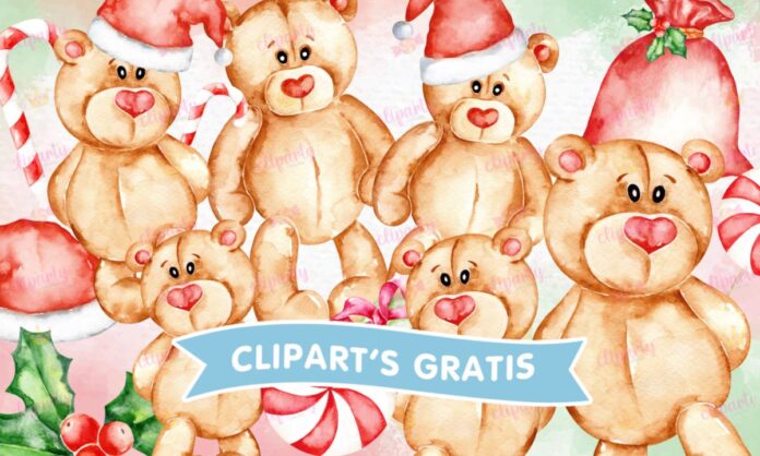 Cliparts, Navidad, osos, dulces, gorros, regalos