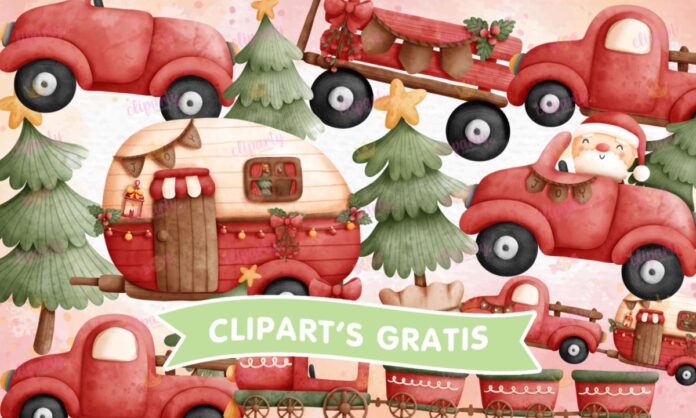 Cliparts, Navidad, santa, camionetas rojas, pinos, watercolor