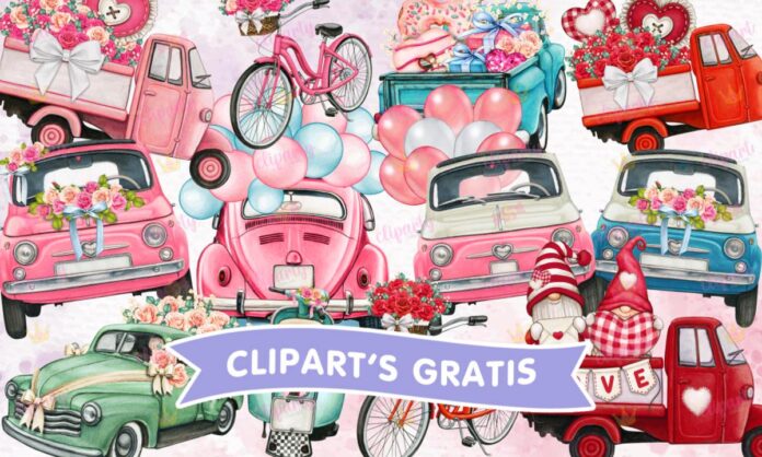 Cliparts, Amor y Amistad, vehiculos, flores, globos, watercolor