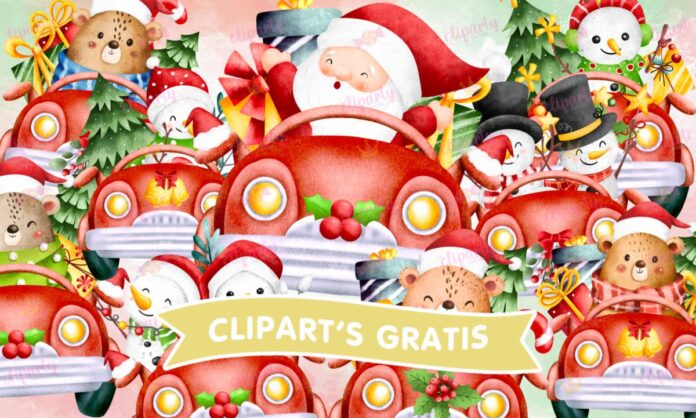 Cliparts, Navidad, camionetas rojas, osos, santa, pinos, watercolor