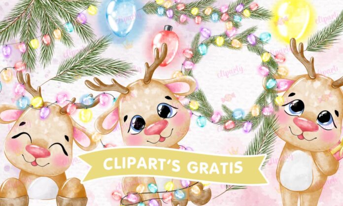 Cliparts, Navidad, reno, luces, ornamentas, watercolor