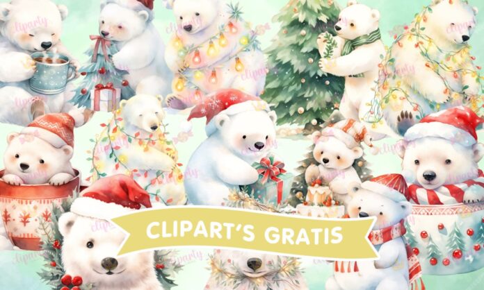 Cliparts, Navidad, animales, osos polares, gorros, luces