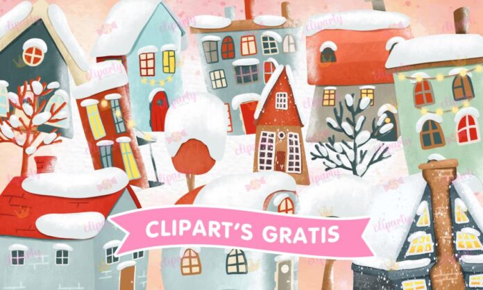 Cliparts, Navidad, casas, arboles, nieve