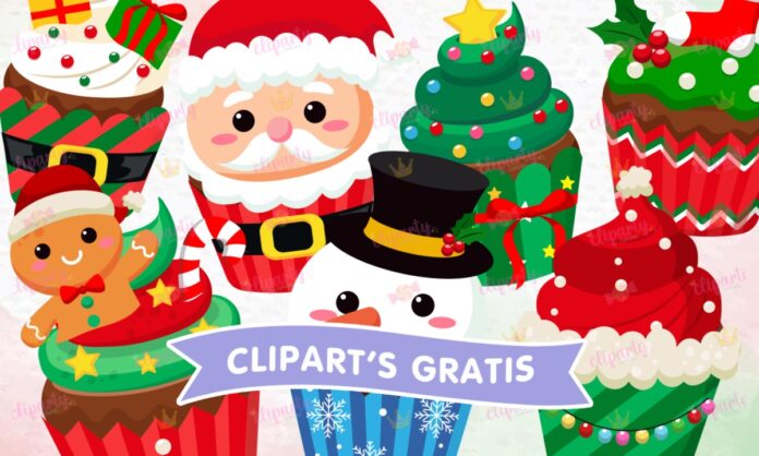 Cliparts, Navidad, cupcakes, santa, pino, muneco de nieve