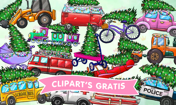 Cliparts, Navidad, transporte, autos, avion, pinos