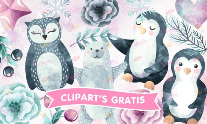 Cliparts, Navidad, animales, pinguinos, flores, watercolor