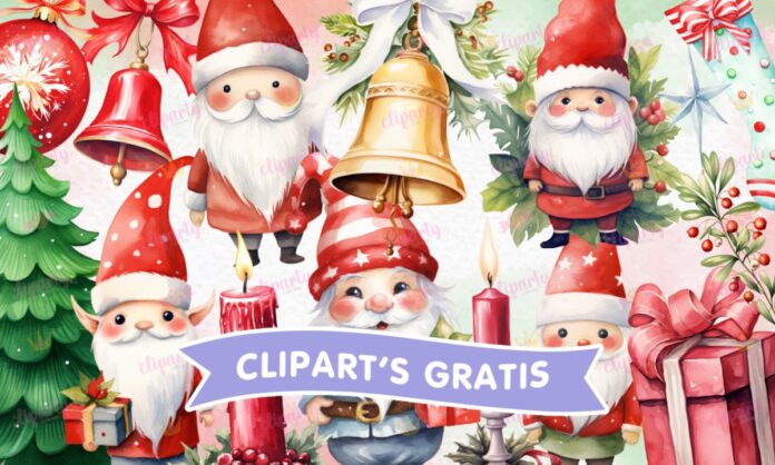 Cliparts, Navidad, duendes, regalos, campana, watercolor