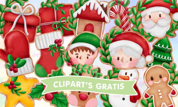 Cliparts, Navidad, galletas, regalos, duende, reno, watercolor