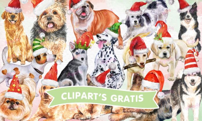 Cliparts, Navidad, mascotas, perros con gorros, watercolor