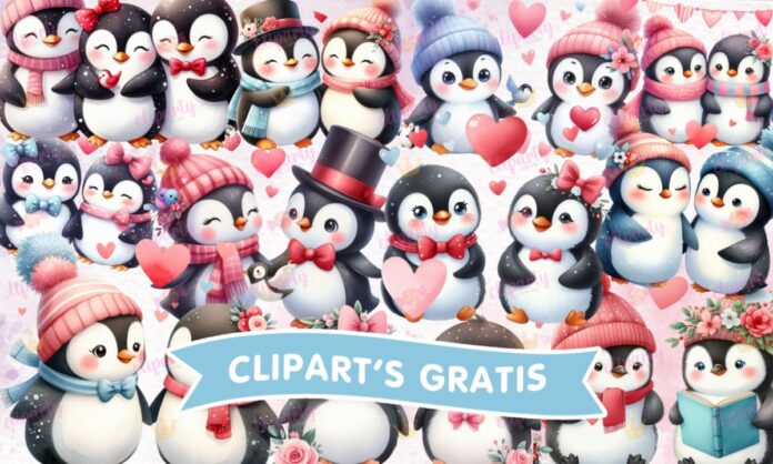 Cliparts, Amor y Amistad, pinguinos, gorros, corazones