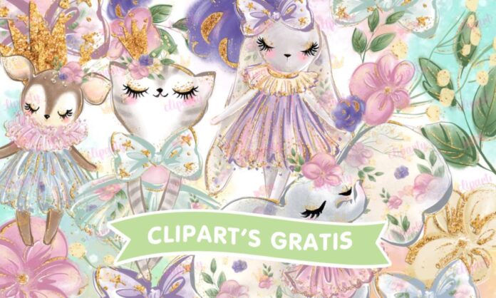 Cliparts, Ninas, animales, moño, flores, glitter