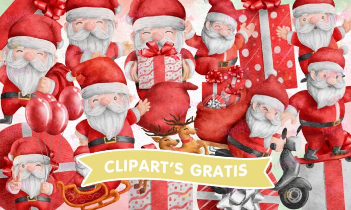 Cliparts, Navidad, santa, regalos, renos, watercolor