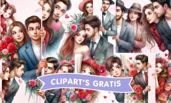 Cliparts, Amor y Amistad, parejas, flores, corazones