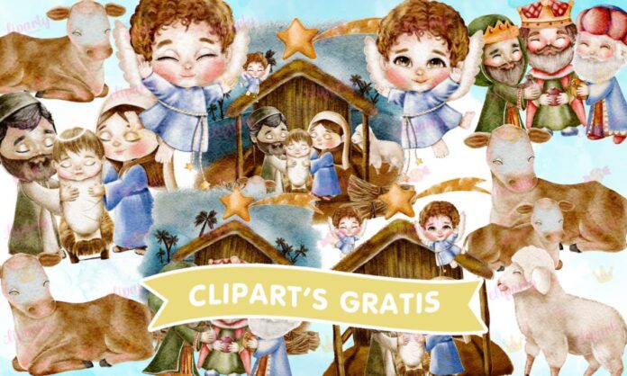 Cliparts, Reyes Magos, nacimiento, angeles, pesebre, watercolor