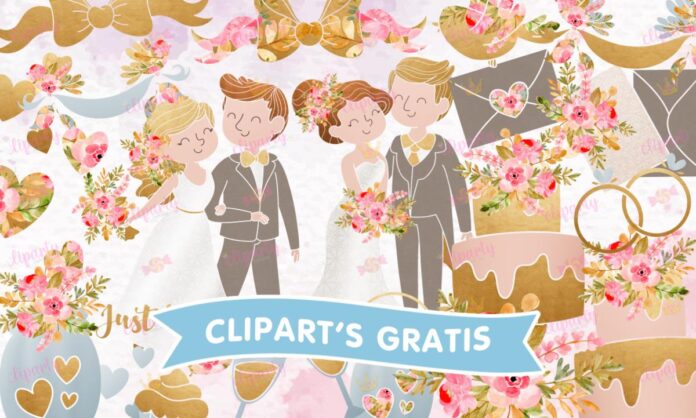 Cliparts, Boda, pareja, pastel, copas, glitter