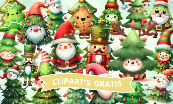 Cliparts, Navidad, pinos, santa, reno, duendes