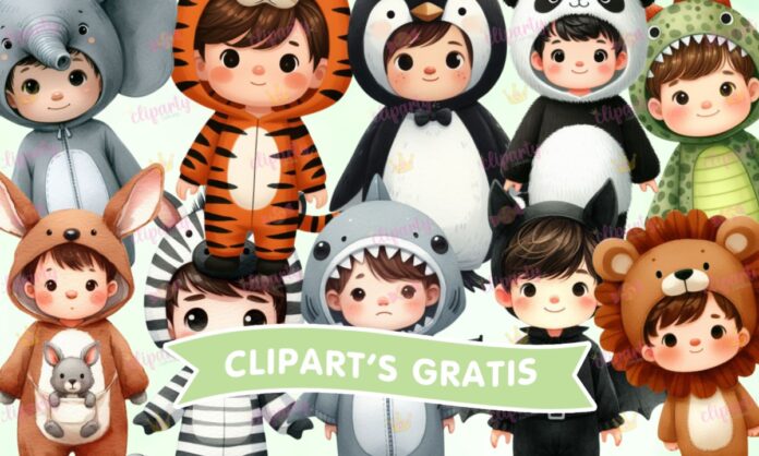 Cliparts, Ninos, disfrases, leon, oso, elefante