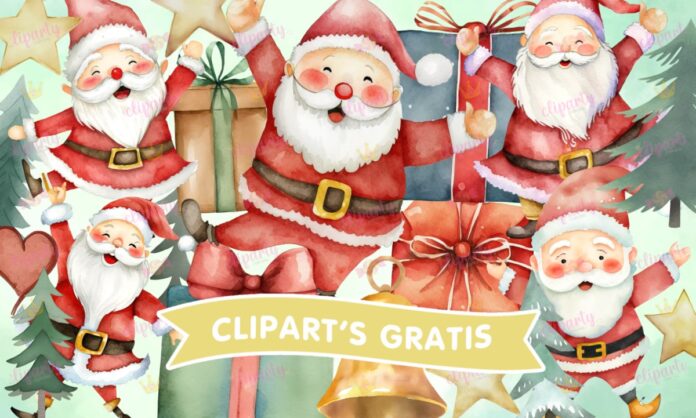 Cliparts, Navidad, Santa Claus, regalos, pinos, watercolor