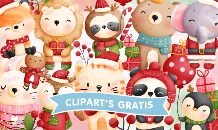 Cliparts, Navidad, animales, regalos, flores, watercolor