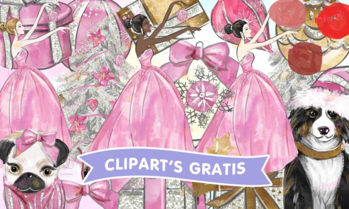 Cliparts, Navidad, chicas, arbol, regalos, mascotas, watercolor