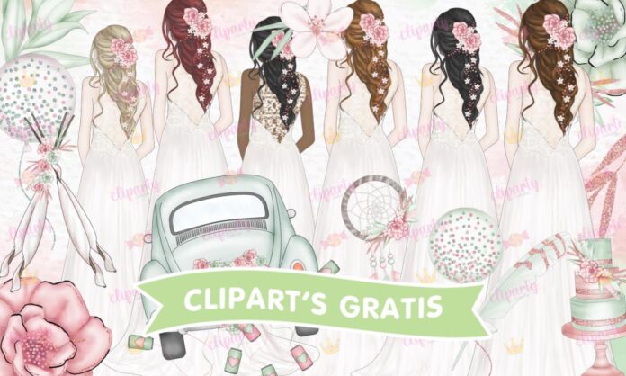 Cliparts, boda, novias, pastel, floral, glitter