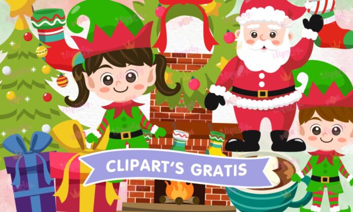 Cliparts, Navidad, duendes, santa, pino, chimenea