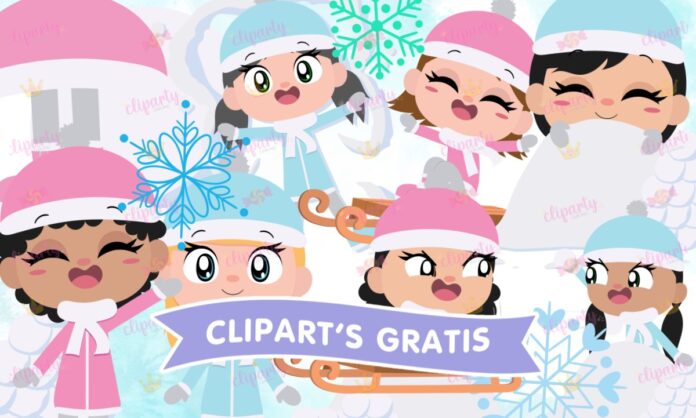 Cliparts, Navidad, niñas, nieve, gorros, trineo, juego