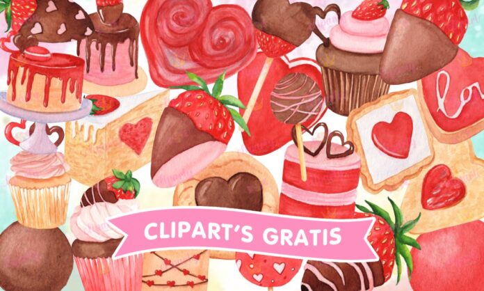 Cliparts, Amor y Amistad, postres, fresas, pasteles, watercolor