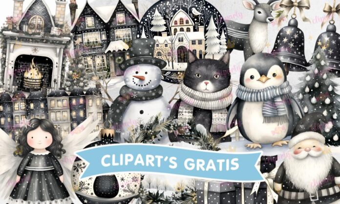 Cliparts, Navidad, pinguinos, campanas, blanco y negro